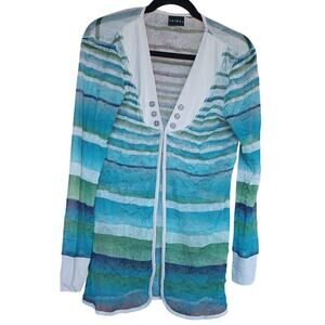 Tribal Women's Cardigan Medium Blue Cream Striped Crinkle Sheer Longline V Neck